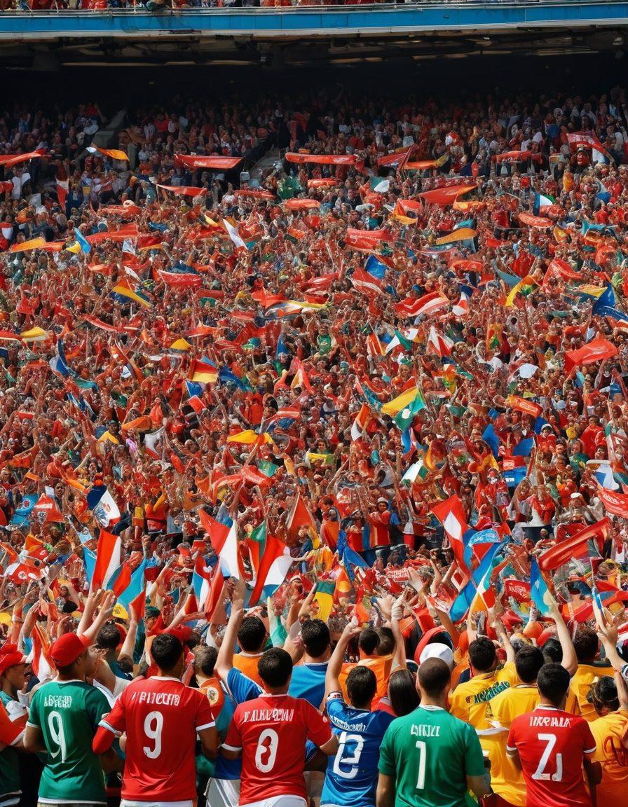 A dynamic scene featuring a diverse group of enthusiastic fans wearing vibrant team merchandise, including jerseys, hats, and scarves, cheering together in a stadium filled with colorful banners and flags. The atmosphere is electric, filled with excitement and passion, capturing the essence of team spirit and camaraderie. Incorporate sports elements like foam fingers and pom-poms while showcasing an urban, energetic background. super-realistic. vibrant colors. 3D.
