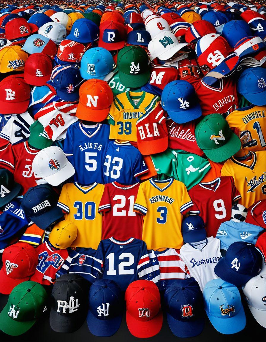 A vibrant collage of diverse sports gear, including colorful jerseys, caps, and scarves representing different teams and sports, displayed in a dynamic arrangement that evokes excitement and passion. The background features a cheering crowd in a stadium, adding to the energetic atmosphere. Bright, eye-catching colors dominate the composition to reflect the essence of sports fandom. super-realistic. vibrant colors. 3D.