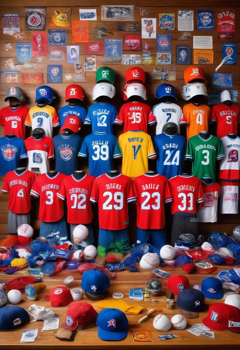 A vibrant collage displaying various sports memorabilia, including jerseys, caps, signed balls, and foam fingers, each exuding team spirit. In the background, a cheering crowd wearing colorful team colors and banners is featured, creating an energetic atmosphere. The foreground should have a stylish arrangement of the memorabilia on a wooden table, capturing the essence of fandom. The overall image should convey excitement and unity among sports fans. super-realistic. vibrant colors. 3D.